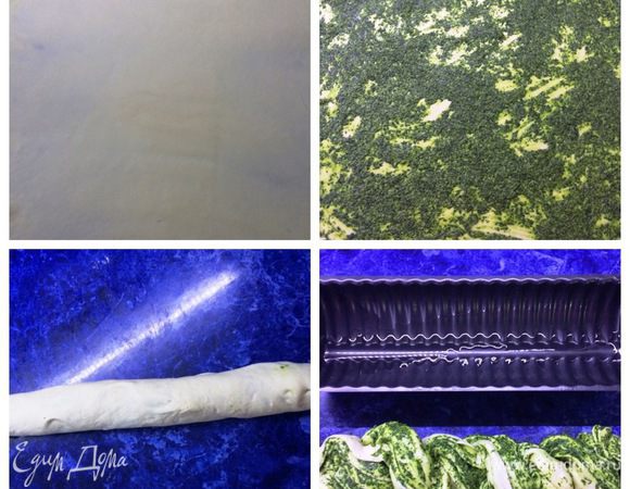 Готовое тесто раскатываем в овал, по всей поверхности распределяем зелень. При желании можно оставить немного зелени для обмазывания уже готового хлеба, так он будет еще ароматнее.
Сворачиваем тесто в рулет. Затем разрезаем рулет вдоль по всей длине на 2 части и переплетаем косой. Получаем вот такую "косичку" как на фото.