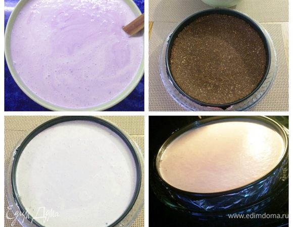 Перемешиваем лопаткой всю начинку и выливаем на остывший корж, разравниваем. Форму с чизкейком поместить в емкость большую по размеру и отправить в духовку, разогретую до 200 градусов. Я налила в противень воды и выпекала чизкейк на водяной бане. Выпекаем минут 10-15, затем уменьшаем температуру до 150 и выпекаем около 50-60 минут (следим за духовкой), если надо накрываем верх чиза фольгой, чтобы не пригорел.