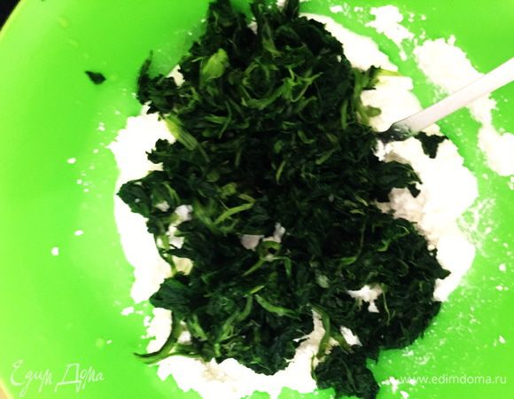 Подготовьте все ингредиенты и заранее разморозить шпинат (вес указан в замороженном состоянии). Творог измельчите ложкой и перемешайте. Добавьте размороженный шпинат (удалив всю жидкость от разморозки). Все перемешать.
