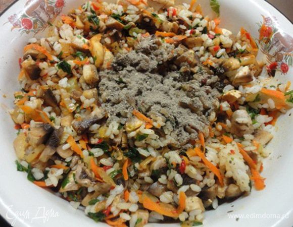 Соедините рис с грибами, жареными овощами, зеленью, солью, перцем и я еще добавила столовую ложку молотых на кофемолке сухих лесных грибов.