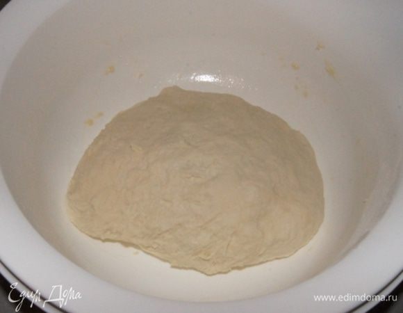 Муку просеять с дрожжами, всыпать в сметанную смесь и замесить тесто. Оно должно получиться мягким и не липким. 
Миску смазать маслом и выложить в нее тесто. Поставить на расстойку на 1,5 часа в теплое место.