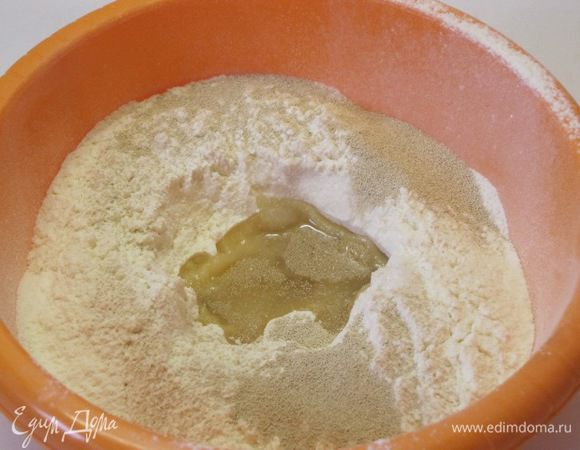 Просеять муку, всыпать сухие дрожжи, соль, сахар, влить 3 столовые ложки растительного масла.