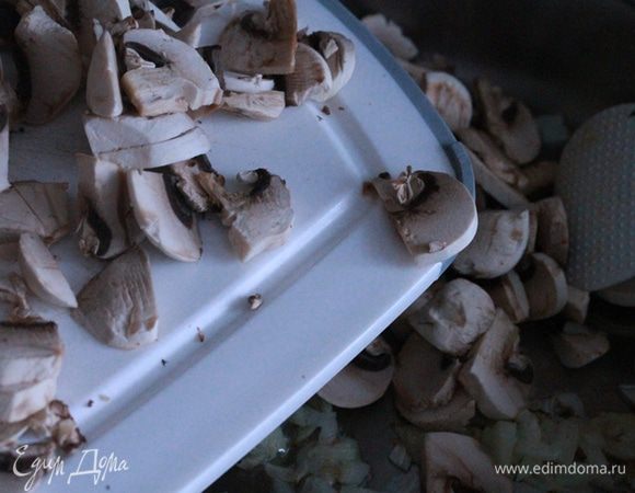 Тем временем обжариваем грибы с луком. Подсаливаем по вкусу.