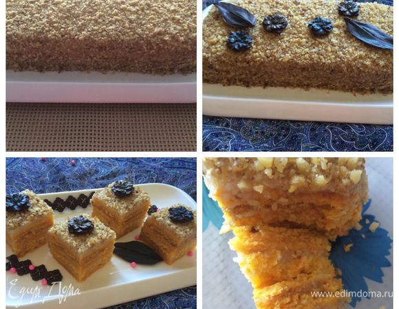 Затем обсыпала полностью орехами и отправила на сутки в холодильник.
Украсить я решила горьким шоколадом, надо было опробовать новые силиконовые молды.
Через сутки торт разрезала на пирожные и подавала. 

Угощайтесь, приятного аппетита!!!