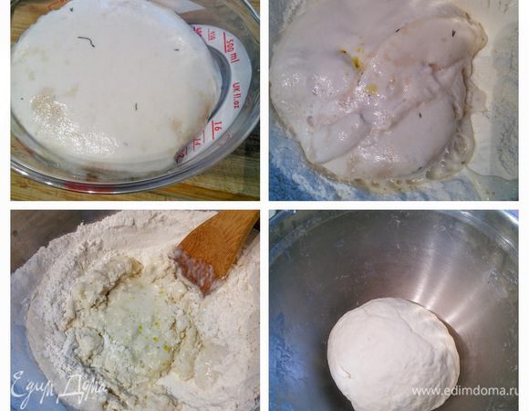 Для теста смешать теплые воду и молоко с сахаром и дрожжами. Оставить на 10 мин для активации дрожжей. Должна появиться характерная шапочка. В миске смешать просеянную муку с солью и сделать в муке ямку. Влить дрожжевую кашицу, оливковое масло, добавить белки. Замесить тесто. Тесто не должно быть слишком плотным, но и не липким. Миску накрыть пленкой и поставить в теплую духовку на расстойку на 1,5-2 часа. 