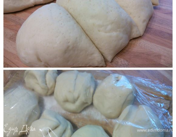 Тесто выложить на посыпанную небольшим количеством муки поверхность, разделить на 8 частей. Накрыть чистым полотенцем или пленкой и оставить на отдых на 10 мин. 