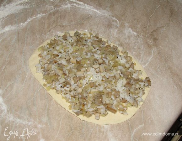 Разделить тесто на две части раскатать в овал, выложить начинку.