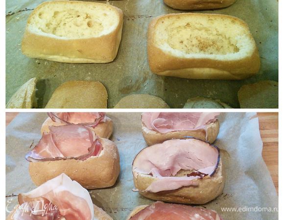 С булочек срезать верхушки, выбрать мякиш, постараться не повредить саму булочку. Смазать легонько маслицем. Выложить в каждую по полоске ветчины. 