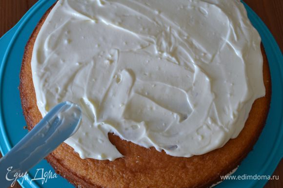 Накрыть вторым коржом, смазать верх и бока торта оставшимся кремом.