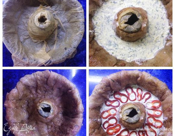 Приступаем к сборке "кекса".
Берем форму и выстилаем пекарской бумагой, предварительно смоченной в воде и отжатой. Так она лучше прилегает к стенкам формы и легче укладывать мясо. У меня круглая форма для кекса. Лучше брать прямоугольную, что я и сделаю в следующий раз (это один из моих промахов).
Выстелить форму замаринованным филе так, чтобы его края наполовину свисали за ее пределы. Выкладываем 1/3 часть заливки, а сверху красный перец, нарезанный тонкими кольцами.