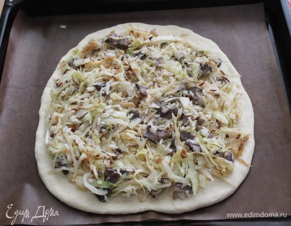 Разделить тесто на две неравные части. Большую раскатать. Выложить на противень с пекарской бумагой, выложить начинку.