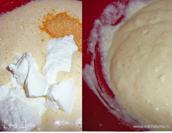 Добавить протертый через сито творог (у меня уже творог готовый его не нужно перетирать), цедру апельсина, соль, хорошо перемешать.