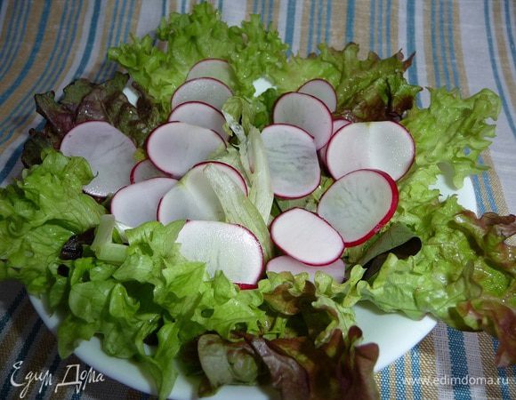 Листья салата промыть, обсушить бумажным полотенцем, нарвать крупно.
Редис нарезать кружками.