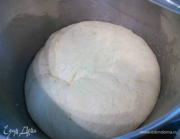 Подошедшее тесто обмять и выложить на посыпанную мукой поверхность. 