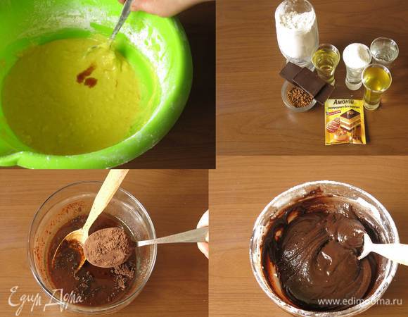 Всыпаем муку с разрыхлителем в жидкость, солим, замешиваем полужидкое тесто, добавляем ванильный экстракт. Шоколадное тесто. Вкус шоколадно-кофейно-бузиновый. Растворяем кофе в горячей воде — всего 80 мл жидкости, кладем шоколад, перемешиваем до растворения, вливаем масло, всыпаем сахар, вливаем сироп бузины, насыпаем 1 ст ложку с горкой какао, все перемешиваем, всыпаем муку, соль, разрыхлитель. (Тесто получилось немного крутым, добавила 20 мл воды.)