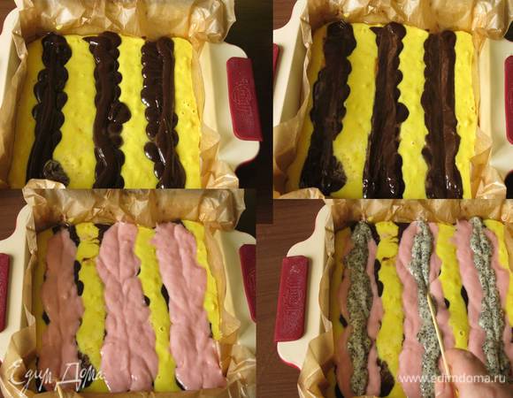 "Высаживаем" цветы. Выкладываем полоски шоколадного цвета, используем шприц или ложку. Коричневое тесто немного плотнее, оно чуть опускается в желтой массе. Мокрой ложкой делаем бороздки в шоколадном слое. Выкладываем розовый слой, делаем бороздочки. Выкладываем совсем тоненькую полоску теста макового. Проводим деревянной палочкой вдоль полос.