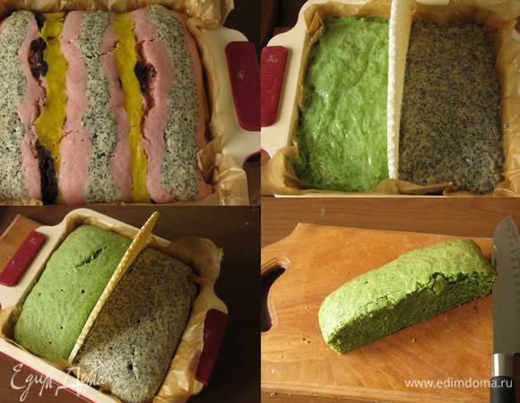 Выпекаем 1 час при 180°С. Время регулируем по духовому шкафу. Обычно такое тесто выпекается 45 минут, мне этого времени не хватило. Готовим "траву" и "горшки" для цветов. — в форму вливаем зеленое и маковое тесто, разделив форму на две половинки вафельным коржом, выпекаем до готовности, 80 минут. Пляцики обычно высокие торты, за раз не откусишь. Для более низкого торта можно отдельно испечь зеленый и маковый слои. Разрезаем коржи на полосы, каждую по диагонали.