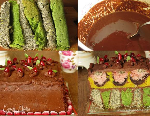 Готовим крем — в теплой воде с вином раствореям шоколад (можно слегка подогреть), не кипятим!!! Ставим шоколадную массу на 30 минут на холод, сбиваем крем-мусс. Соединяем поочередно зеленые и маковые кусочки, прикладываем первый корж с цветами, обрезаем край при необходимости, можно срезать бугорки на коржах, тогда крема используем меньше. Перемазываем кусочки кремом, соединяем, намазываем крем сверху, даем застыть, украшаем кремом, ягодами ( кусочками кизила), листиками мяты. Еще немного охлаждаем, разрезаем, долгожданный момент — рисунок в траве три горшочка с тюльпанами в солнечном свете.