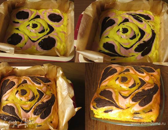 Планировала сделать еще один слой — подложку из цветных коржей желтого, розового и коричневого, но торт получился и так высоким, т ч получился еще один торт альтернатива, если страшно делать выпечку с рисунком, наливаем поочередно по ложке каждого цвета в 5 точек на форме, в середине получается квадрат и край — углы, проводим палочкой через центральные капли — рисуем "восточный ковер". Не смотря на более простую технику в разрезе получается красивый рисунок — розовый бутон в центре и завитки по краю. Разреза к сожалению нет, техника настолько фантазийна, что трудно предугадать результат. Приятного аппетита!