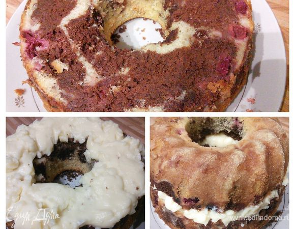 Кекс полностью охладить (я даже поставила его на холод, чтобы кекс стал "стабильнее"). Острым ножом разрезать кекс по середине и смазать кремом. Поместить верхний слой кекса обратно и пока будете готовить глазурь, поставьте в холодильник. 