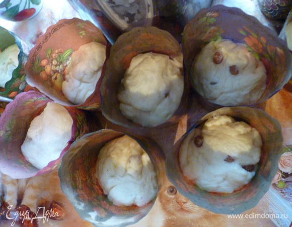 Формы для куличей (у меня бумажные, мне так удобнее) смазать растительным маслом. 
Выкладываем в них тесто на 1/3 часть объема.
Дать хорошо подняться и печь в разогретой духовке 25-35 минут (все зависит от размера формы) при 200°C и еще 10 минут при 180°C.