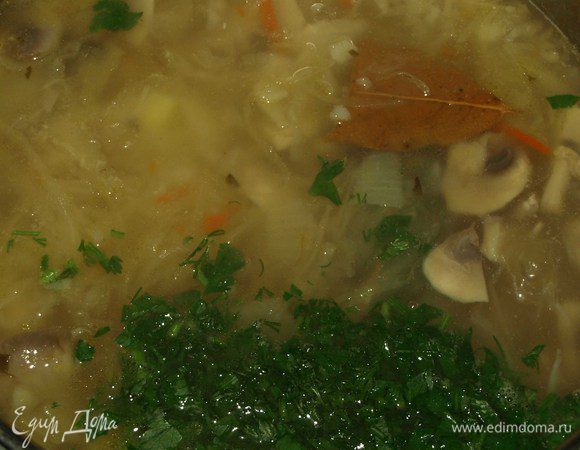 Отправляем в густой картофельный отвар тушенную капусту с грибами, добавляем остатки зелени, лавровый лист. Соль, перец по вкусу и оставляем томиться на медленном огне 10-15 минут. 