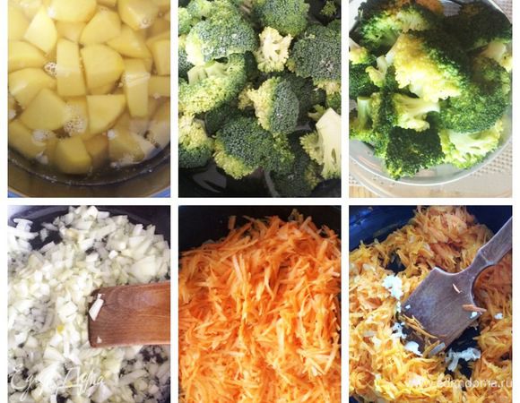 Моем и чистим овощи.
Картофель отвариваем в подсоленной воде и разминаем в пюре, добавляем немного растительного масла, ложки 2 и 2 зубчика толченного чеснока, все тщательно перемешиваем, остужаем.
Брокколи отвариваем в подсоленной воде и откидываем на сито/дуршлаг и даем стечь воде. 
На разогретой сковороде с растительным маслом обжариваем лук, добавляем тертую морковь, тушим до готовности. Охлаждаем и добавляем два зубчика чеснока рубленного, соль и перец по вкусу. 
В картофель и морковь предлагалось положить немного крахмала, грамм по 15, я о нем забыла, и нисколько не пожалела. Моя запеканка и так держала форму. Так что, вы на свое усмотрение, хотите можете добавить и крахмал.  