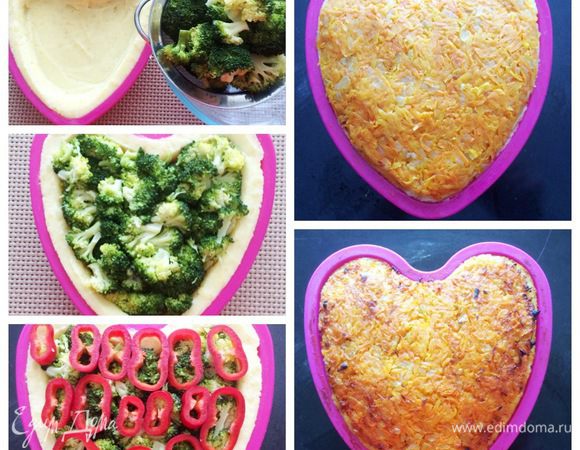 Силиконовую форму, объемом примерно на 1 л, смазываем растительным маслом.
Выкладываем в форму картофельное пюре, распределяем по всей форме, формируем бортики.
Затем укладываем брокколи, сверху колечки болгарского перца и заканчиваем тушенной морковью.
Выпекаем запеканку в разогретой духовке до 180°C минут 30-40, в зависимости от духовки. 
