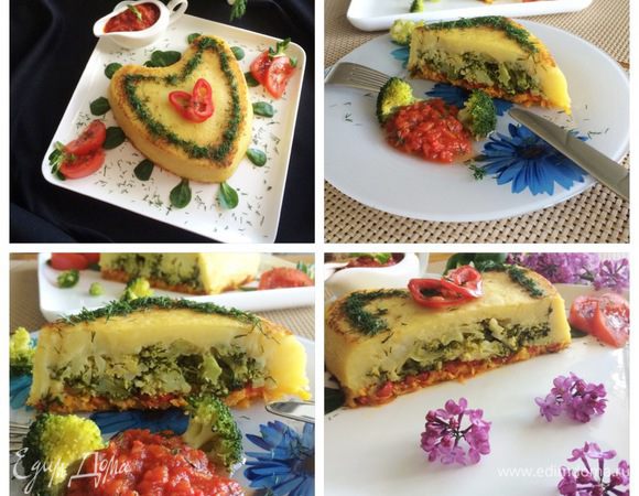 Готовую запеканку вынимаем из духовки, оставляем в форме минут на 10.
Затем накрываем блюдом, переворачиваем и украшаем по своему желанию.
Чтобы запеканка не развалилась, я ее еще охладила минут 15.
Подаем с соусом и со свежими овощами.
Ну а кто пост не держит может обильно полить сметаной.
