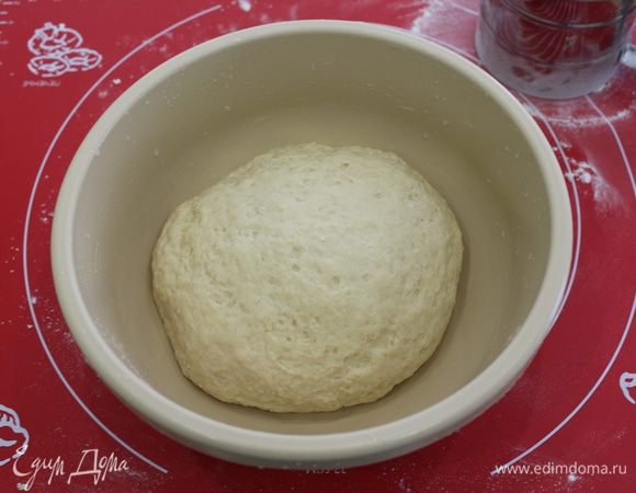 Перенести на подпыленную мукой поверхность, замесить мягкое тесто. придать тесту форму шара, переложить в миску, накрыть и оставить подниматься на 30 минут.