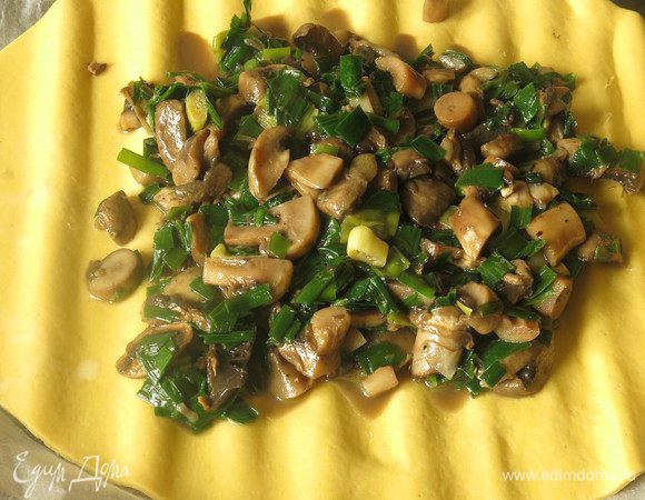 Остывшую начинку кладем на середину пласта теста.