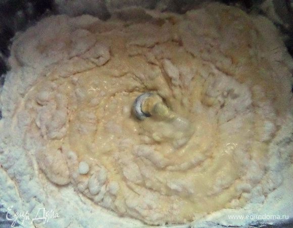 Начался замес. Можно пока не прикрывать крышку, а следить, чтобы вся мука с краев впиталась.