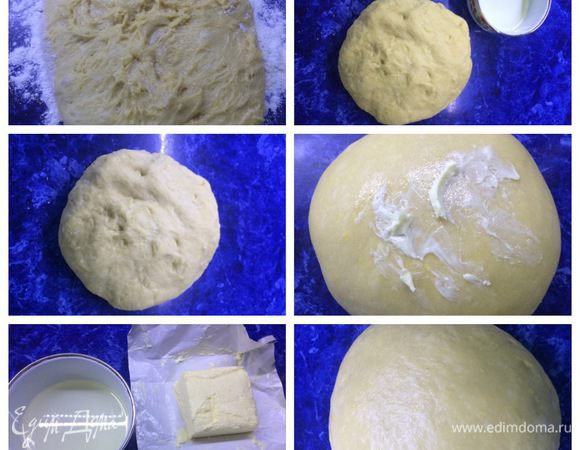 3 этап — Окончательный замес.
На стол просеиваем оставшуюся муку и выкладываем тесто. Месим тесто руками, подсыпая по-немного муки. У меня ушла не вся мука, грамм 100-120 осталось. Когда тесто стало достаточно густым, я перестала подсыпать муку, не хотела забивать его сильно.
Растительное масло выливаем в мисочку. Разворачиваем сливочное масло.
Окуная ладони в растительное масло, продолжаем замешивать тесто, пока масло не кончится.
Затем по кусочку вмешиваем мягкое сливочное масло. Когда масло закончится, тесто необходимо еще замешивать минут 10-15.