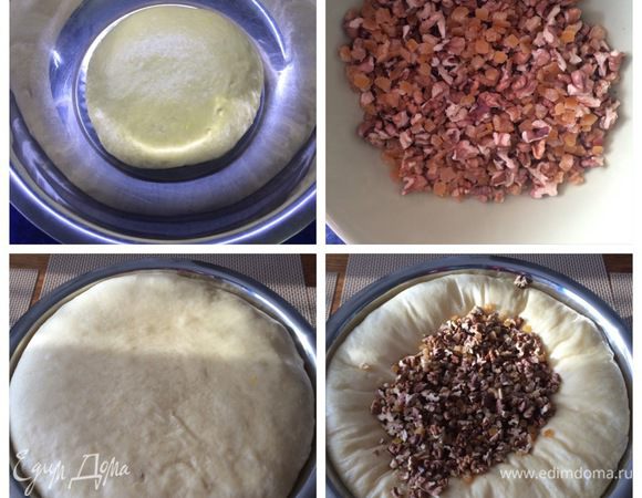 После этого отбить тесто, кидаем его на рабочую поверхность около 50 раз, я так и считала.
Тесто станет гладким и упругим. На последний замес у меня ушло полтора часа.
Укладываем тесто в большую глубокую емкость (у меня самая большая миска, какая нашлась дома), накрываем чистым полотенцем, сверху крышкой и отправляем в теплое место на 5 часов.
Подготовим орехи, порубив их ножом (я люблю покрупнее), цукаты (у меня апельсиновые 100 грамм).
По истечении 5 часов вмешаем орехи и цукаты в тесто.