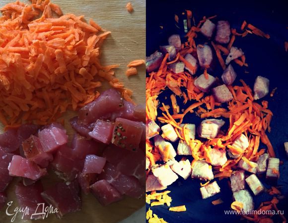 Затем нарезать вяленую свинину и натереть морковь. И также обжарить, где-то минут 5. Добавить в кастрюлю.