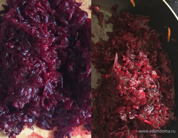 Натереть свеклу. И перед тем как начать ее обжаривать в сковороду добавить томатную пасту и 2 измельченных зубчика чеснока, и затем только все вместе прожарить 5 минут.