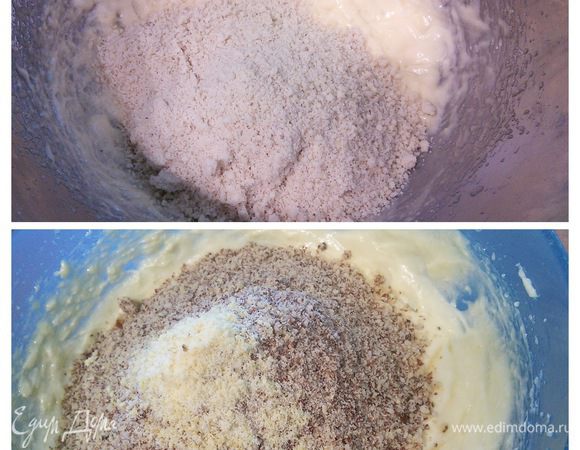Всыпать миндаль. Это фото с очищенным и не очищенным миндалем. Размешать лопаточкой. Влить сливки и опять размешать. 