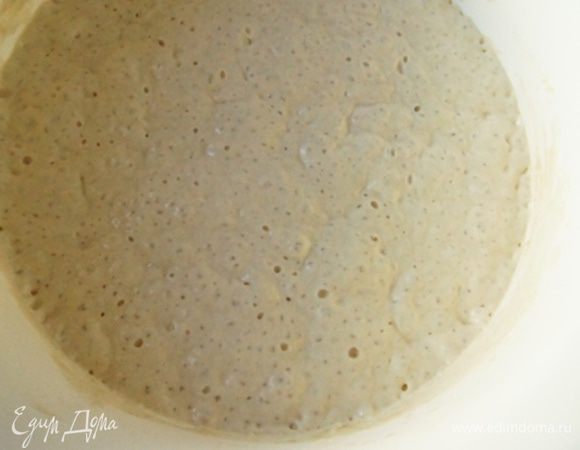 Вот такое тесто вы должны увидеть утром. Оно хорошо поднялось и покрылось пузырьками. Я засекла где-то 12 часов ушло на ферментацию.