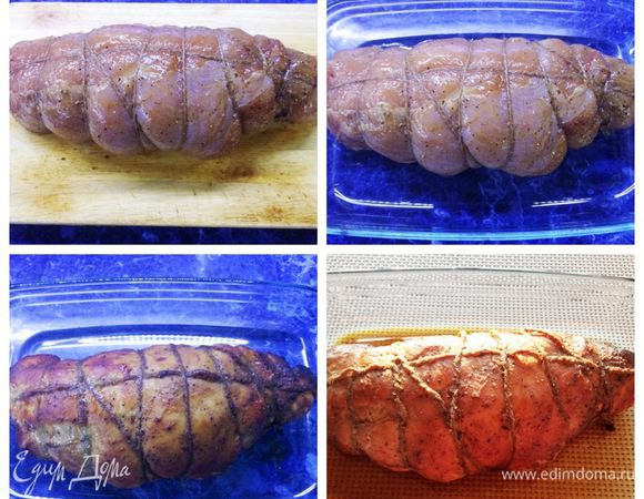 Сворачиваем мясо в рулет, перевязываем нитью.
Отправляем руле выпекаться в разогретую до 180°C духовку на 60-70 минут. Периодически рулет смазываем образовавшимся при выпечке соком, если начинает слишком румянится, накрываем фольгой и следим за своей духовкой.