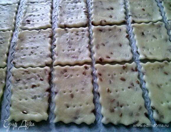 Затем тонко раскатайте и переложите на пергамент. Разрежьте на квадратики и наколите их вилкой. Выпекайте 15-20 минут в разогретой до 180-190°С духовке до легкого румянца. Выпекая в первый раз, понаблюдайте за печеньем, т.к. духовки у всех разные.