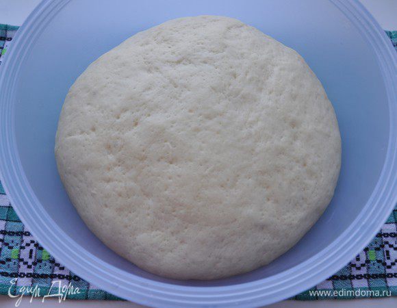 Подошедшее тесто обмять и, опять накрыв пленкой, оставить на 15 минут.  
На фото тесто после первой расстойки. 