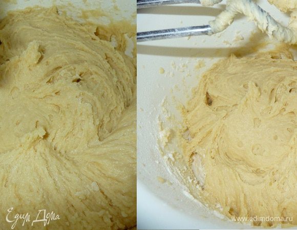 В муку добавить разрыхлитель, смешать. Вводить частями в яично-сахарно-сменанную смесь. Взбиваем миксером с обычными насадками, затем насадки поменять на спиральную для теста. Тесто мягкое.