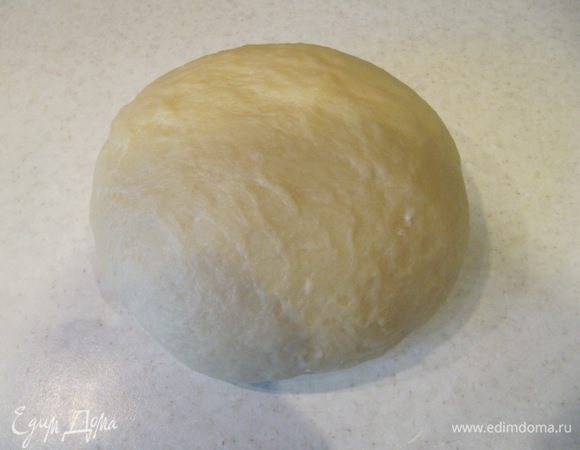 Затем выложить тесто на припыленную мукой рабочую поверхность и, постепенно добавляя оставшуюся просеянную муку, вымесить гладкое эластичное тесто. На это потребуется 7-10 минут. 
Поместить готовое тесто в смазанную тонким слоем растительного масла миску, затянуть пищевой пленкой и отправить в теплое место без сквозняков подходить на 50-60 минут.