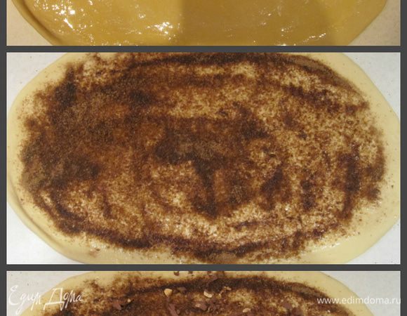 Раскатать тесто в прямоугольный пласт 30x45 см. Смазать растопленным сливочным маслом. Посыпать сахаром с корицей, сверху рассыпать рубленый шоколад с орехами.