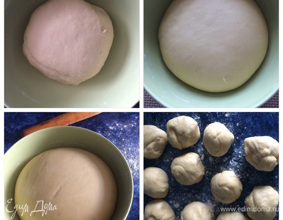 Постепенно всыпать оставшуюся муку, одновременно добавляя растительное масло. Замешиваем эластичное тесто, не прилипающее к рукам.
Ставим минимум на час в теплое место (у меня в духовке при режиме свет) для подхода.
Подошедшее тесто разделить на 10 кусочков (у меня получилось 11 пирожков). 