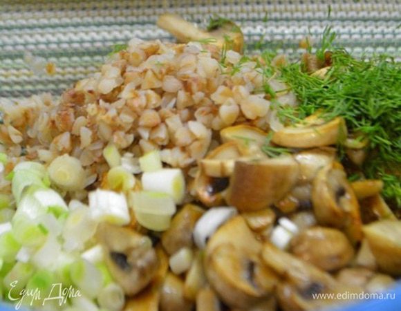 В чашке смешать заранее отварную гречневую крупу, зеленый лук и укроп измельченный, грибы. Все хорошо перемешать. Немного посолить и поперчить.