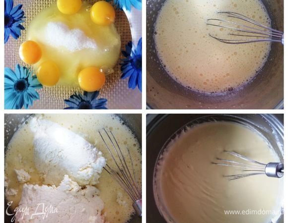 Для творожного слоя взбить яйца с сахаром в пену, добавив ванильный сахар по желанию и вкусу. Затем добавить творог и пробить хорошо погружным блендером, чтобы масса была гладкой без творожных комочков, либо творог протереть через сито (это более утомительный процесс).