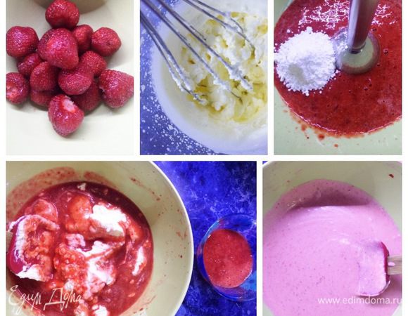 На следующий день аккуратно освобождаем творожник из формы и угощаем родных, друзей, гостей.
У меня никогда в моей духовке не получается красивый цельный верх, поэтому я всегда, даже для домашнего чаепития, дополнительно украшаю свои творожники. Если у вас все красиво, следующий шаг можно пропустить.
Я решила в дополнение к творожнику приготовить еще клубнично-сливочный соус (остались сливки, надо было использовать).
Сливки взбить до пик. Клубнику с сахарной пудрой пробить погружным блендером. Соединить сливки с клубникой, перемешать. Я оставила пару ложек клубники, затем добавила в соус и попыталась сделать мраморный рисунок.