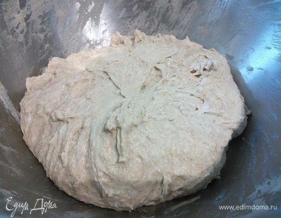 Накрыть пленкой и поставить в теплую духовку на 90 минут. После 30 и 60 минут расстойки тесто необходимо обмять. 