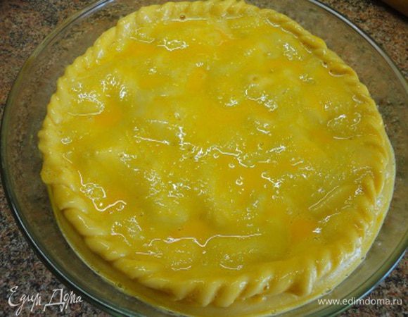 Вторую часть теста раскатать также кругом и накрыть фарш. Защипать края, смазать желтком и наколоть в нескольких местах.